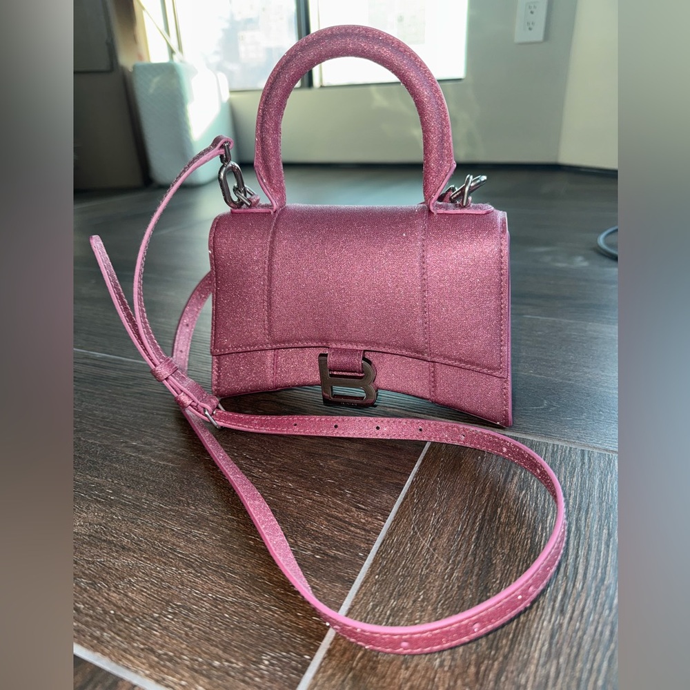 BALENCIAGA Sweet Pink Metallic Coated Canvas Hourglass XS Top Handle Bag RARE